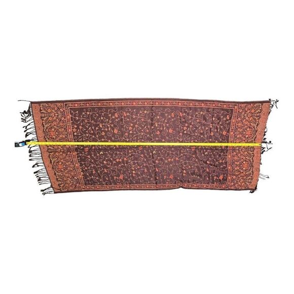 Pashmina Shawl Floral Vining Brown Orange Reversible Scarf Wrap 65X28” Fringe - Picture 3 of 6